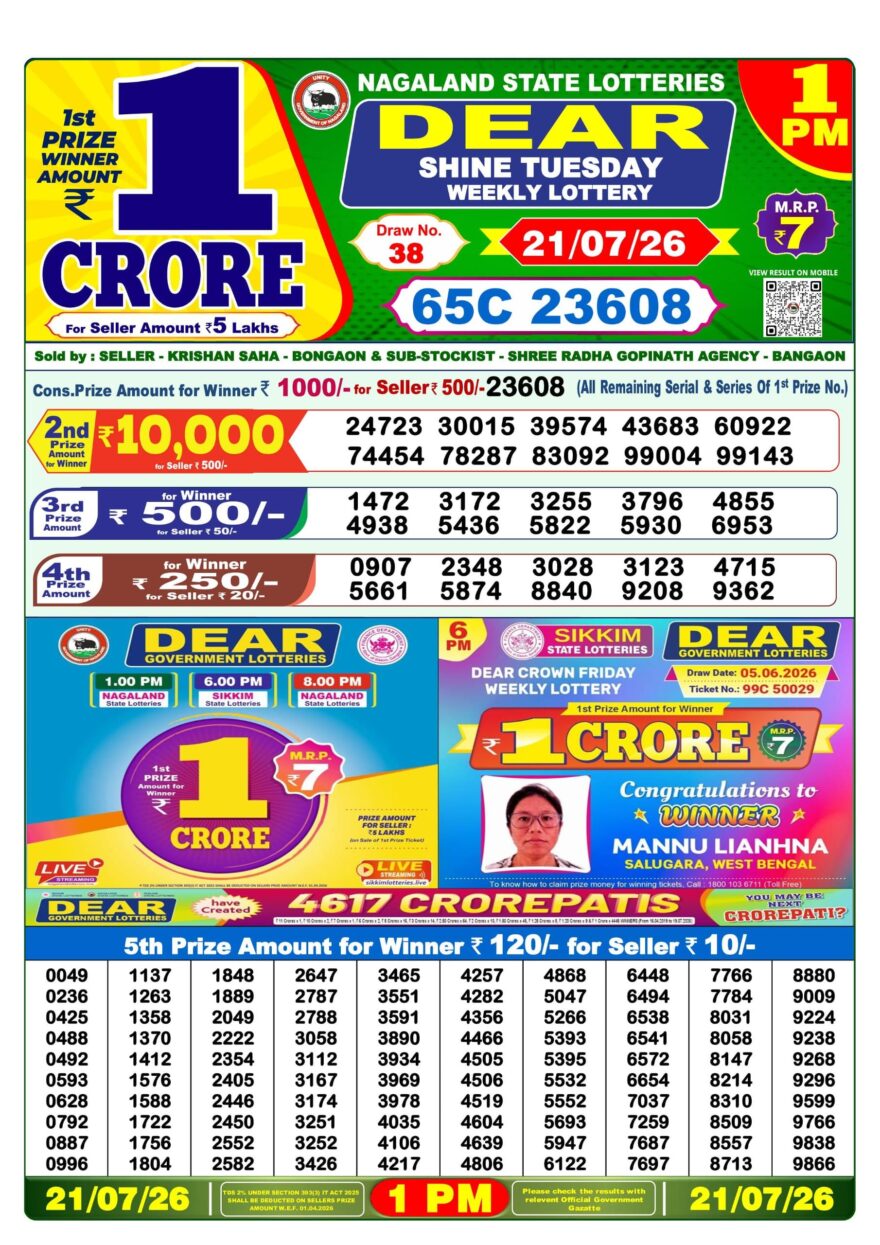 Dear Lottery Result Today 1PM 21 07 26
