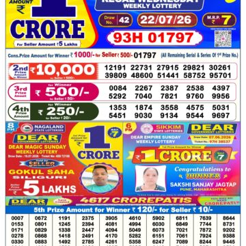 Dear Lottery Today Result 6PM 22 07 26