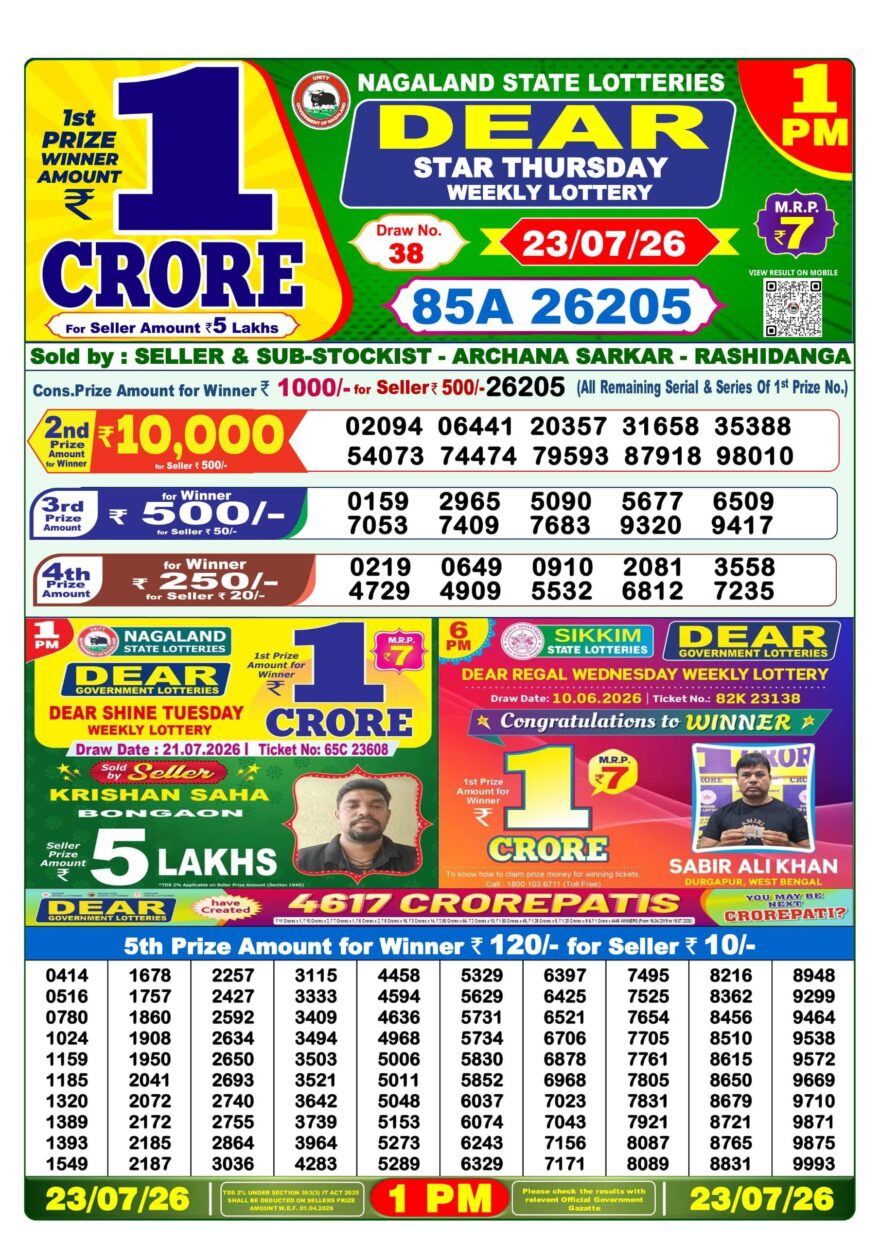 Dear Lottery Result Today 1PM 23 07 26