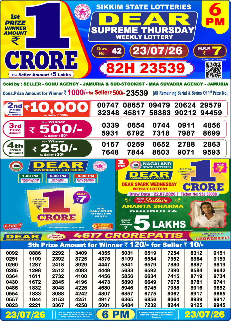Dear Lottery Today Result 6PM 23 07 26