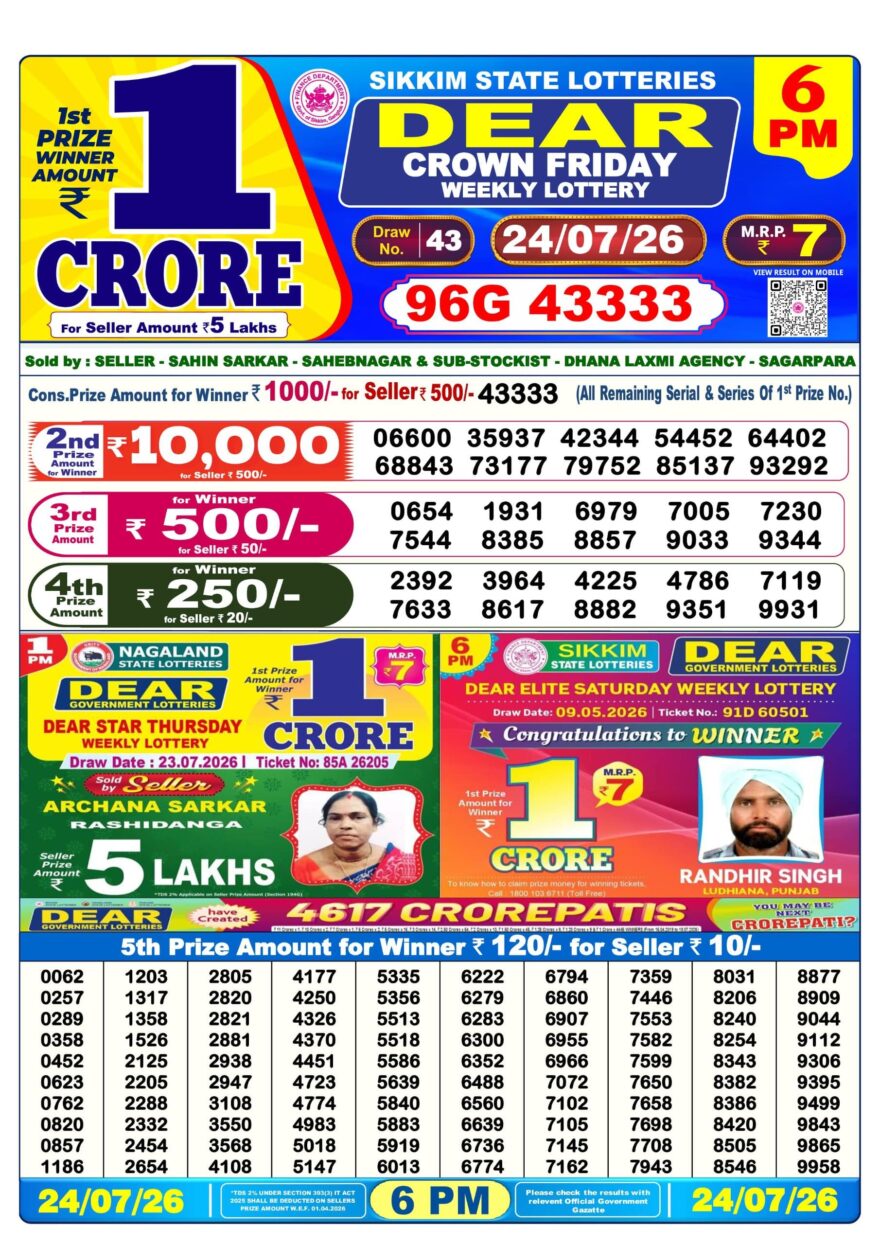Dear Lottery Today Result 6PM 24 07 26