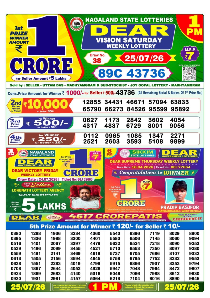 Dear Lottery Result Today 1PM 25 07 26
