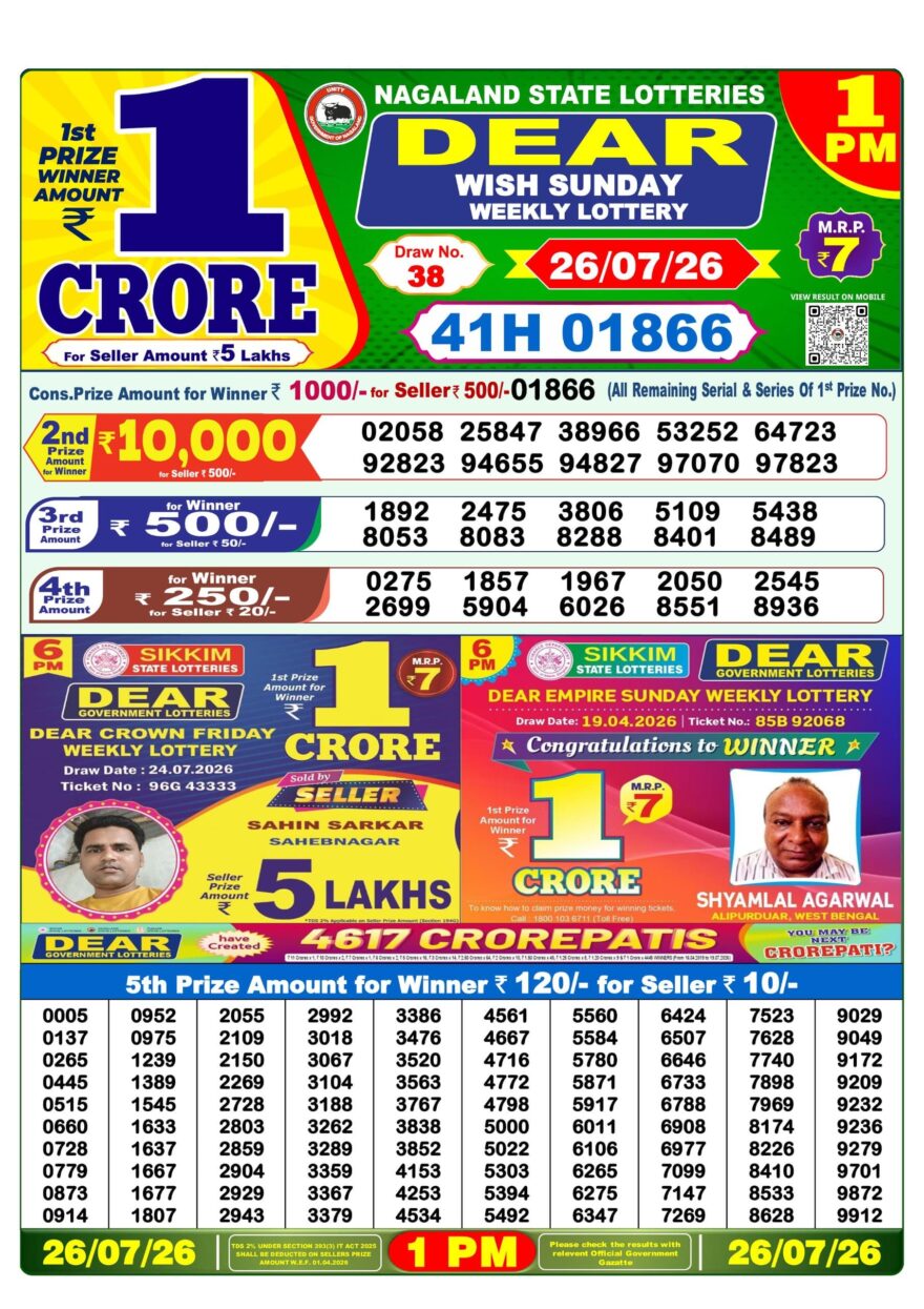 Dear Lottery Result Today 1PM 26 07 26