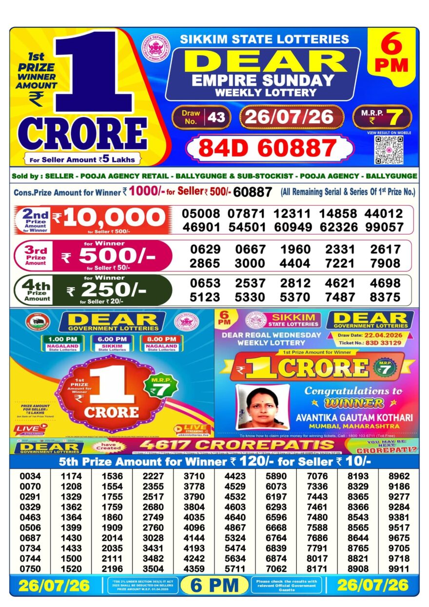 Dear Lottery Today Result 6PM 26 07 26