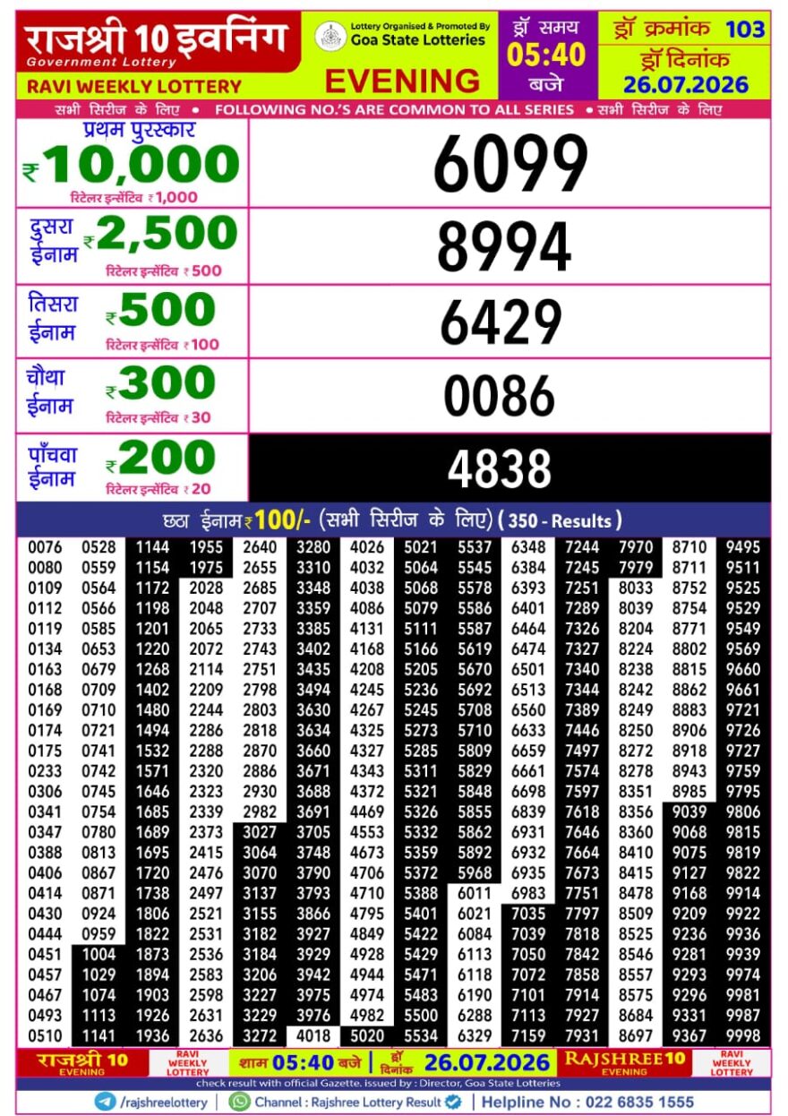 Rajshree 10 Evening 5:40PM Result 26 07 26