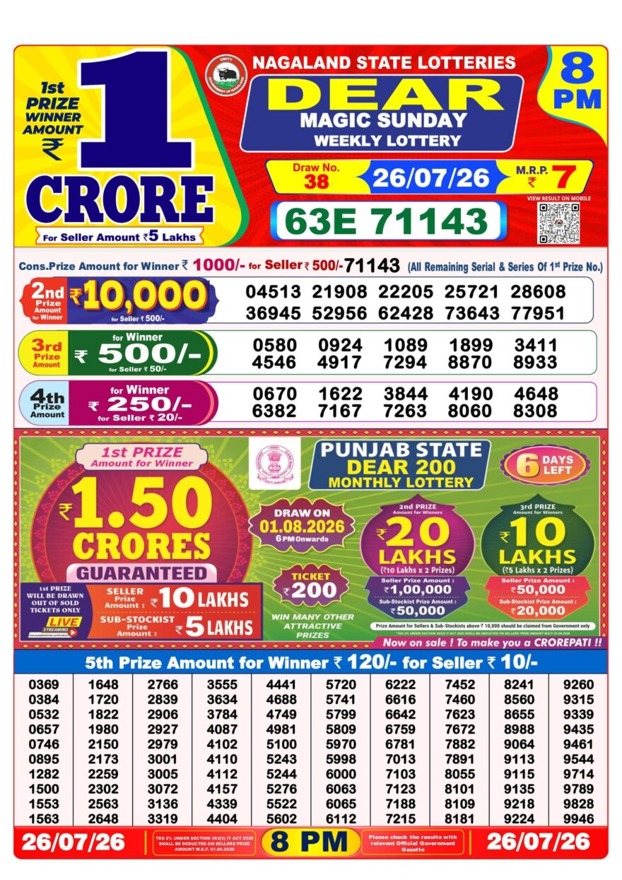 Dear Lottery Result 8PM 26 07 26
