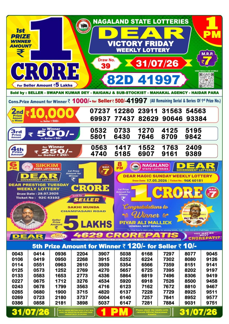 Dear Lottery Result Today 1PM 31 07 26