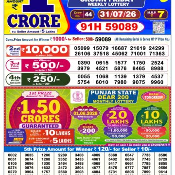 Dear Lottery Today Result 6PM 31 07 26
