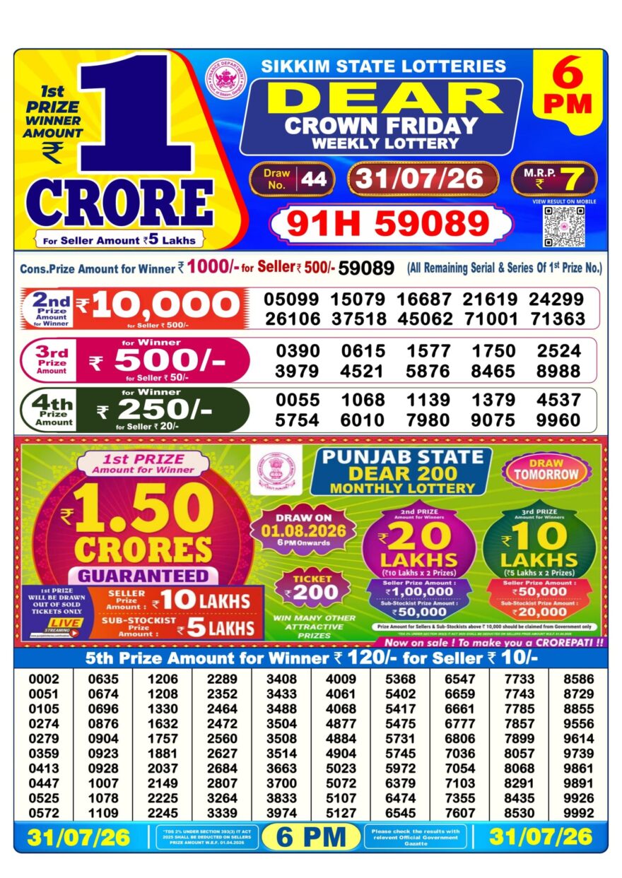Dear Lottery Today Result 6PM 31 07 26