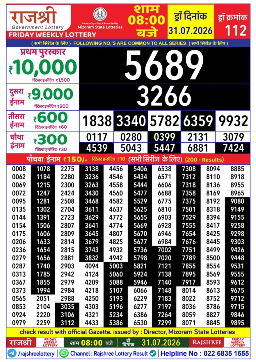 Rajshree Daily 8PM Result 31 07 26