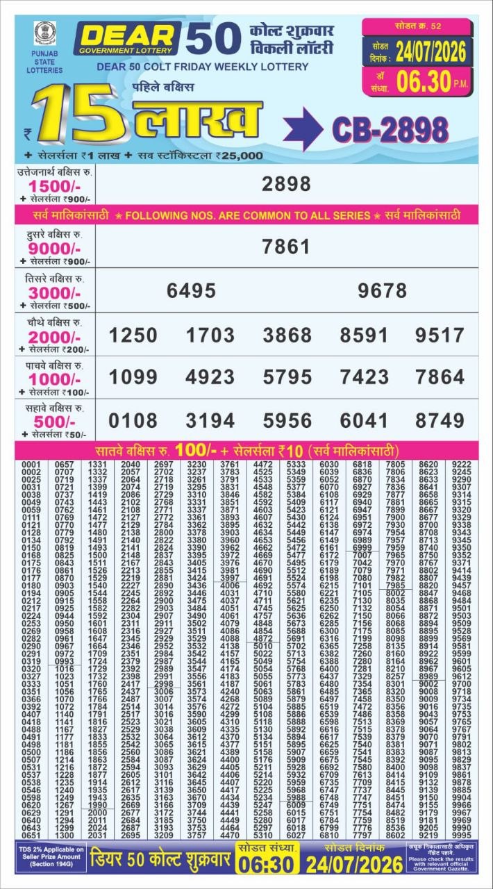 Punjab State Dear 50 Lottery 6:30PM Result 24 07 26