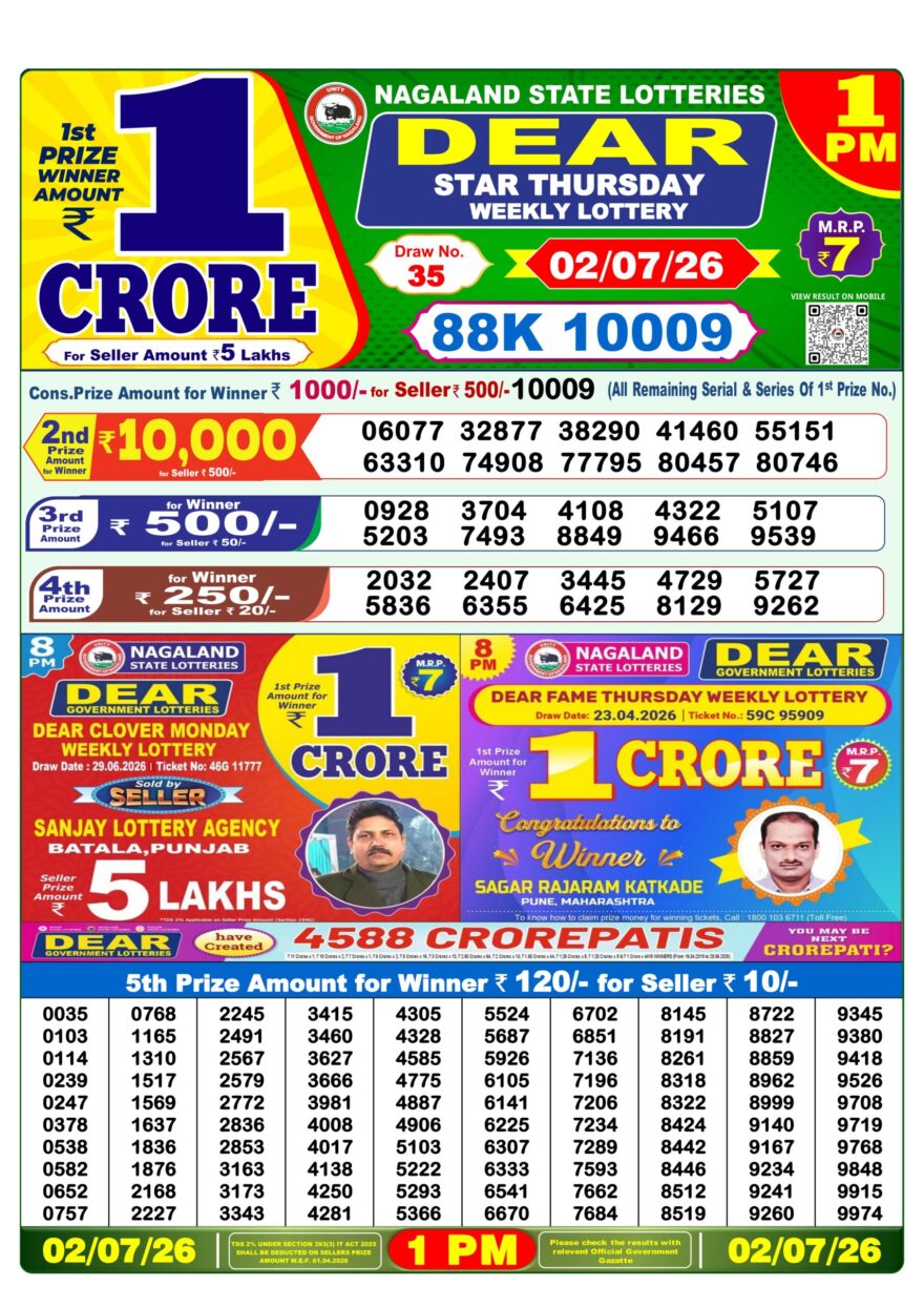 Dear Lottery Result Today 1PM 02 07 26