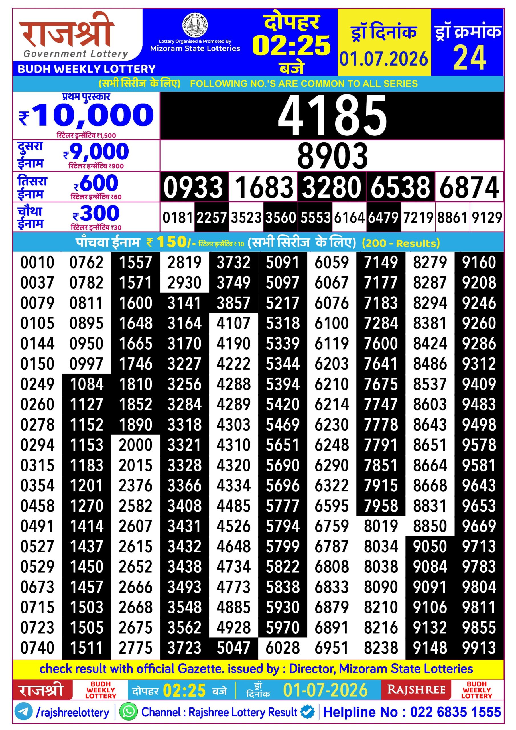 Rajshree Daily 2.25PM Result 01 07 26