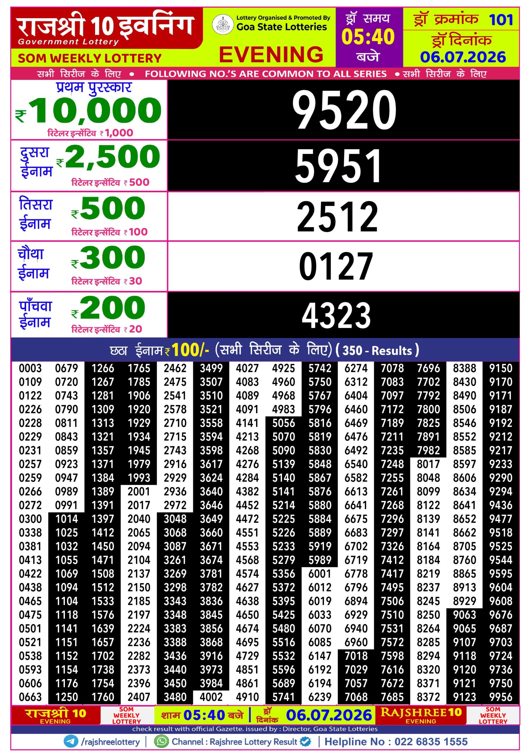 Rajshree 10 Evening 5:40PM Result 06 07 26