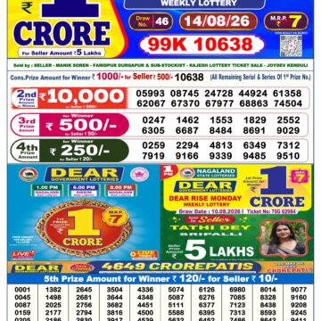 Dear Lottery Today Result 6PM 14 08 26