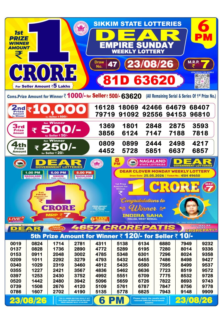 Dear Lottery Today Result 6PM 23 08 26