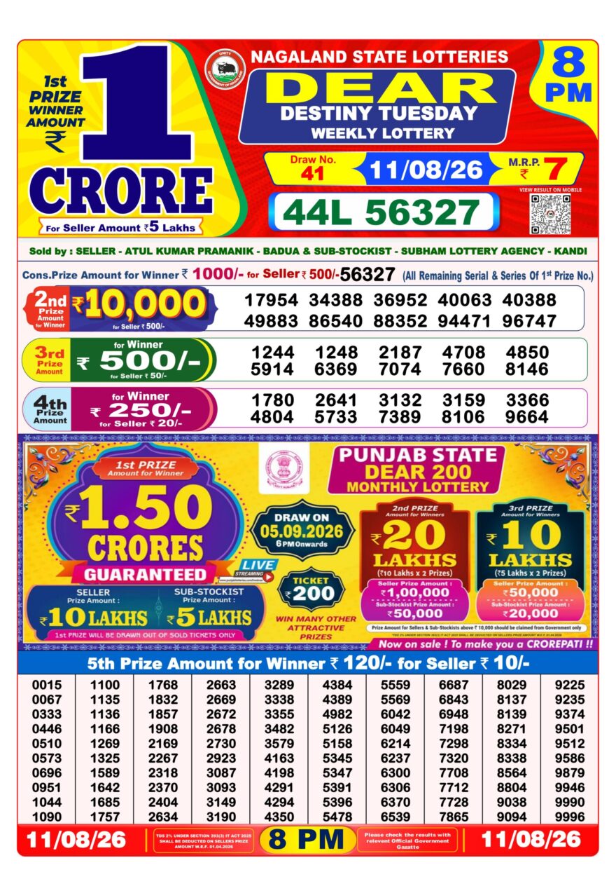 Dear Lottery Result 8PM 11 08 26