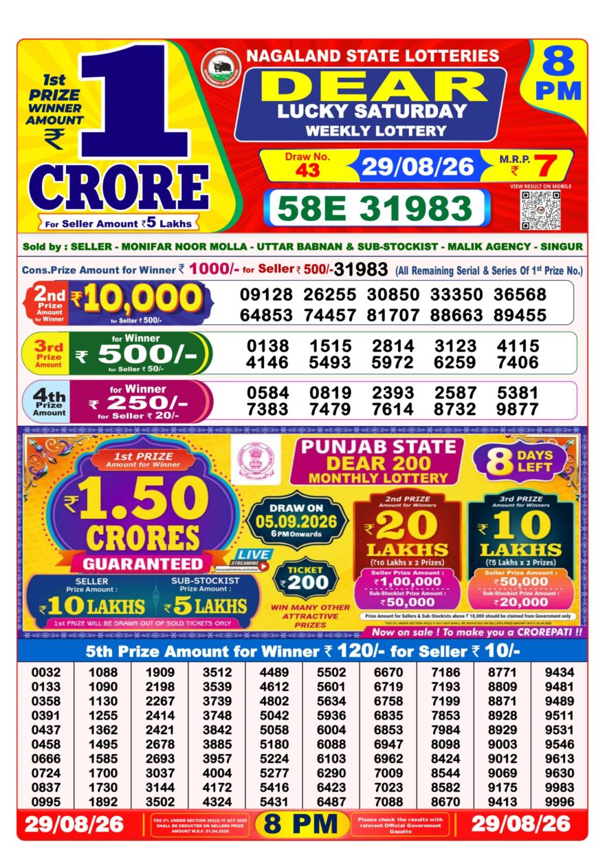 Dear Lottery Result 8PM 29 08 26