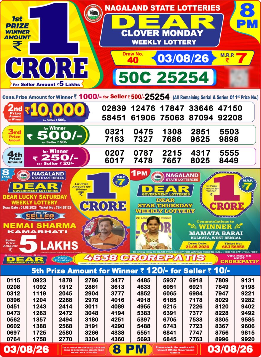 Dear Lottery Result 8PM 03 08 26