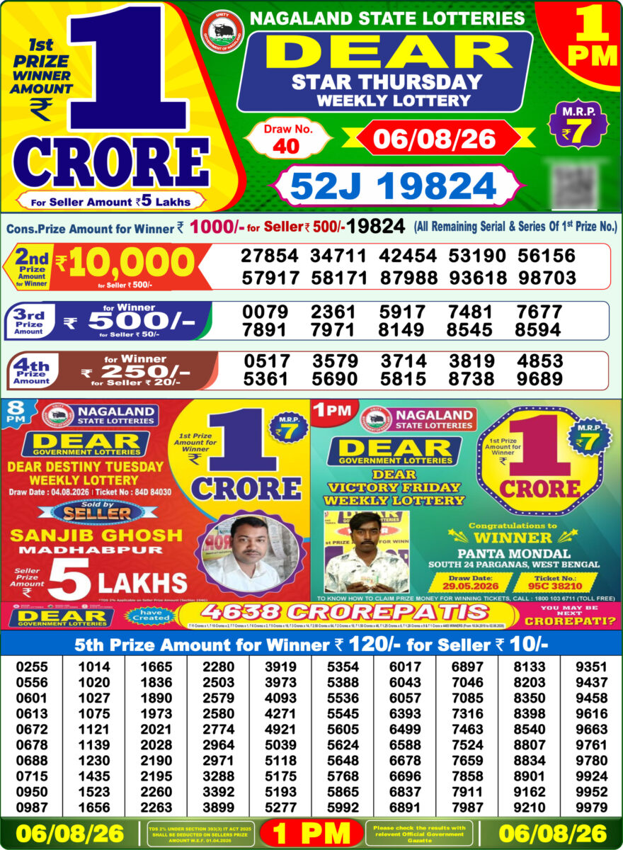 Dear Lottery Result Today 1PM 06 08 26