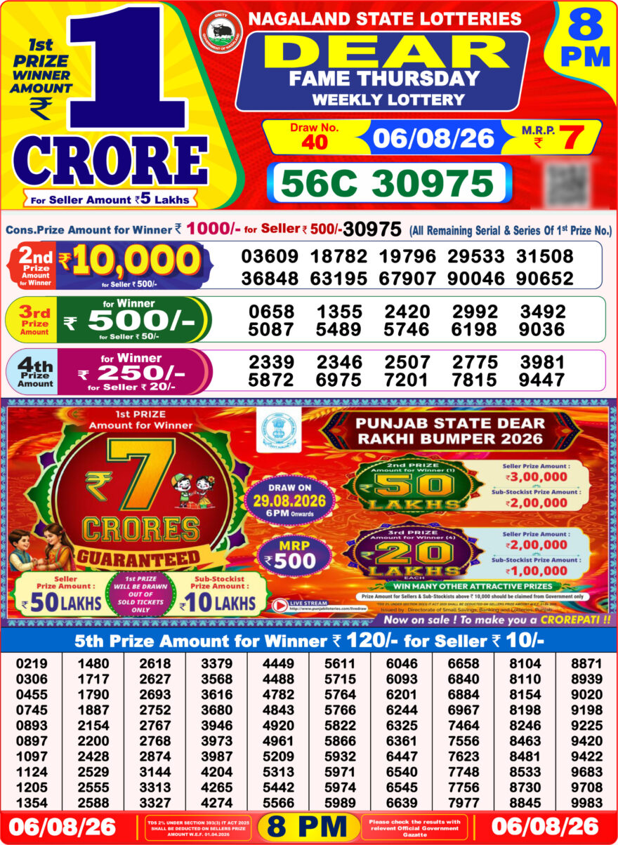 Dear Lottery Result 8PM 06 08 26