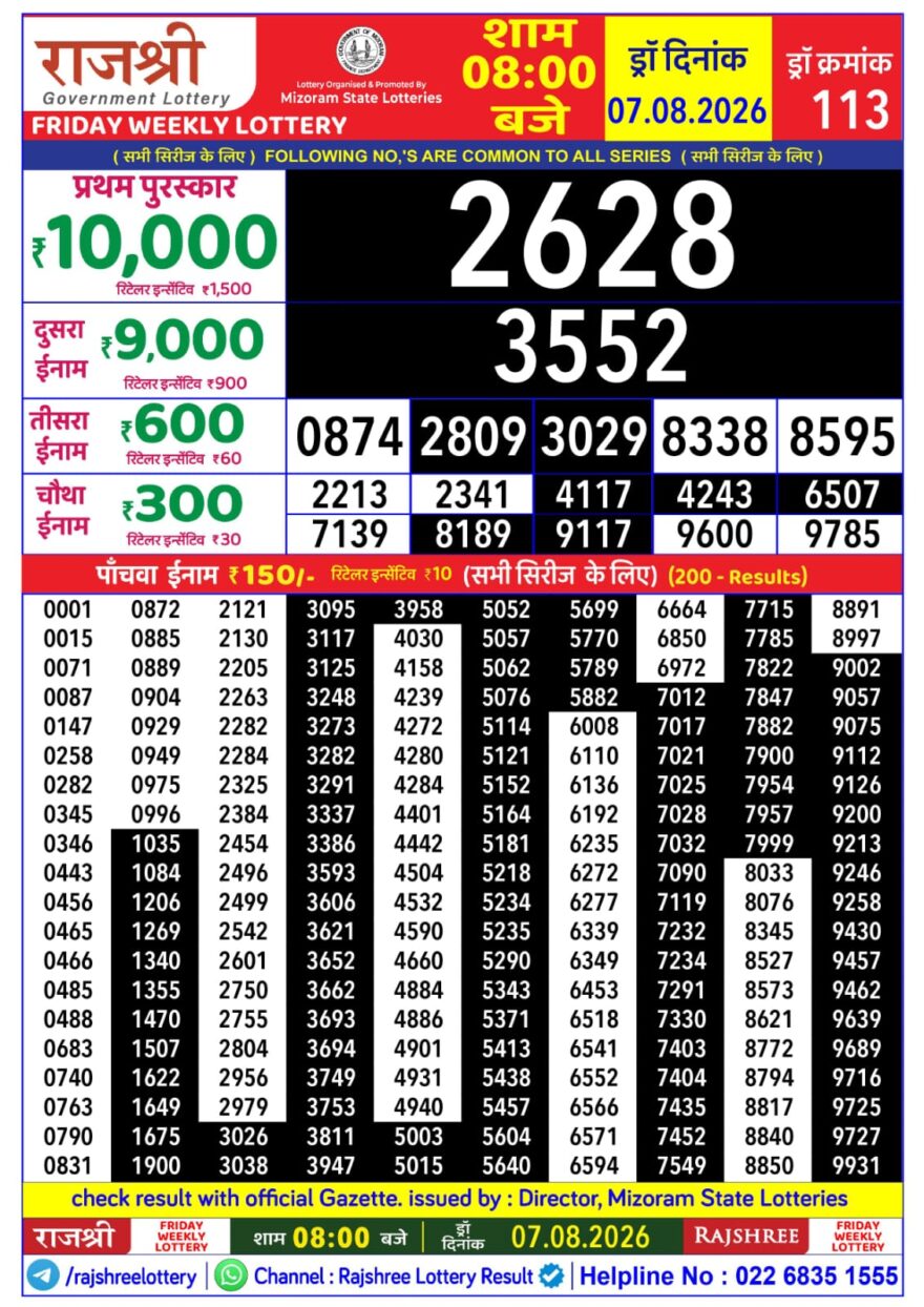 Rajshree Daily 8PM Result 07 08 26