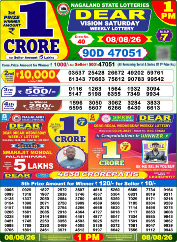 Dear Lottery Result Today 1PM 08 08 26