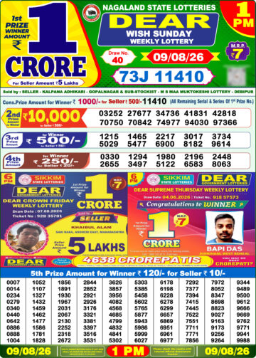 Dear Lottery Result Today 1PM 09 08 26