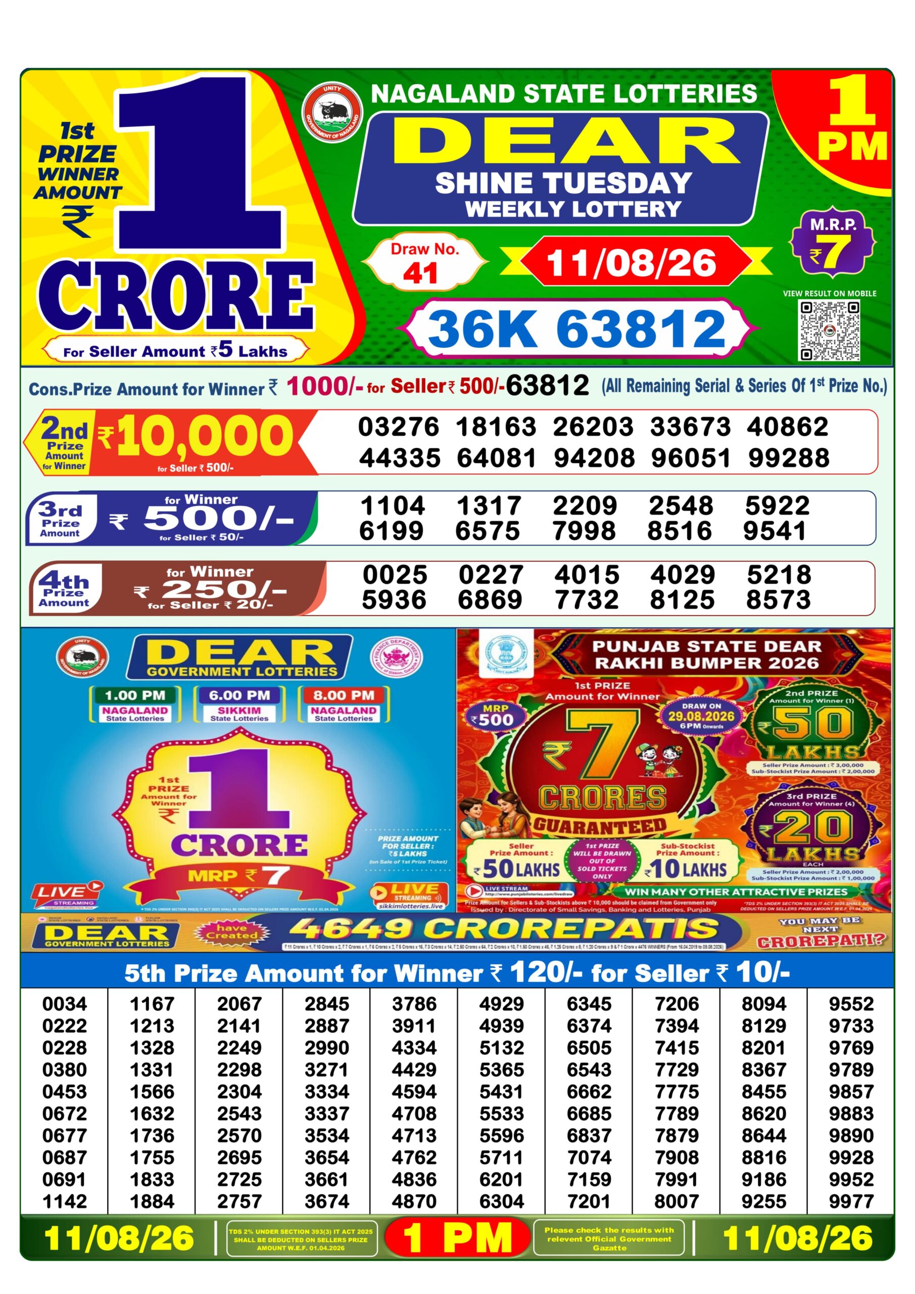 Dear Lottery Result Today 1PM 11 08 26