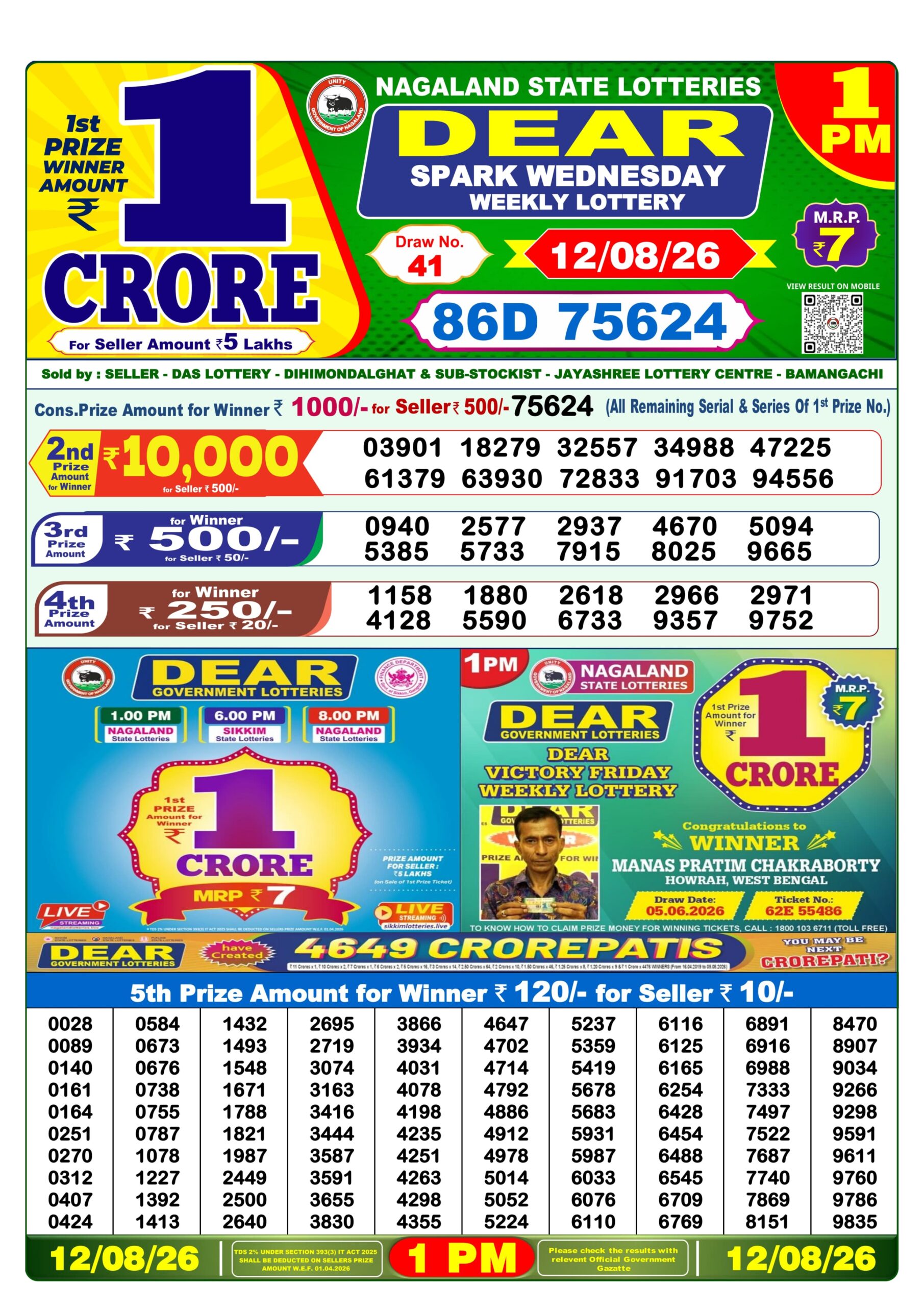 Dear Lottery Result Today 1PM 12 08 26