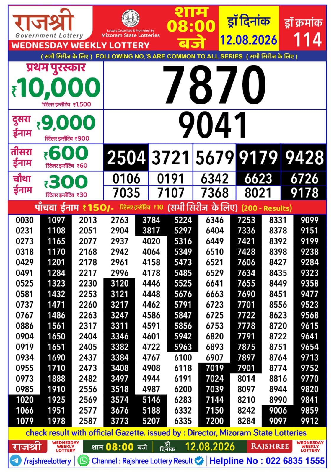 Rajshree Daily 8PM Result 12 08 26