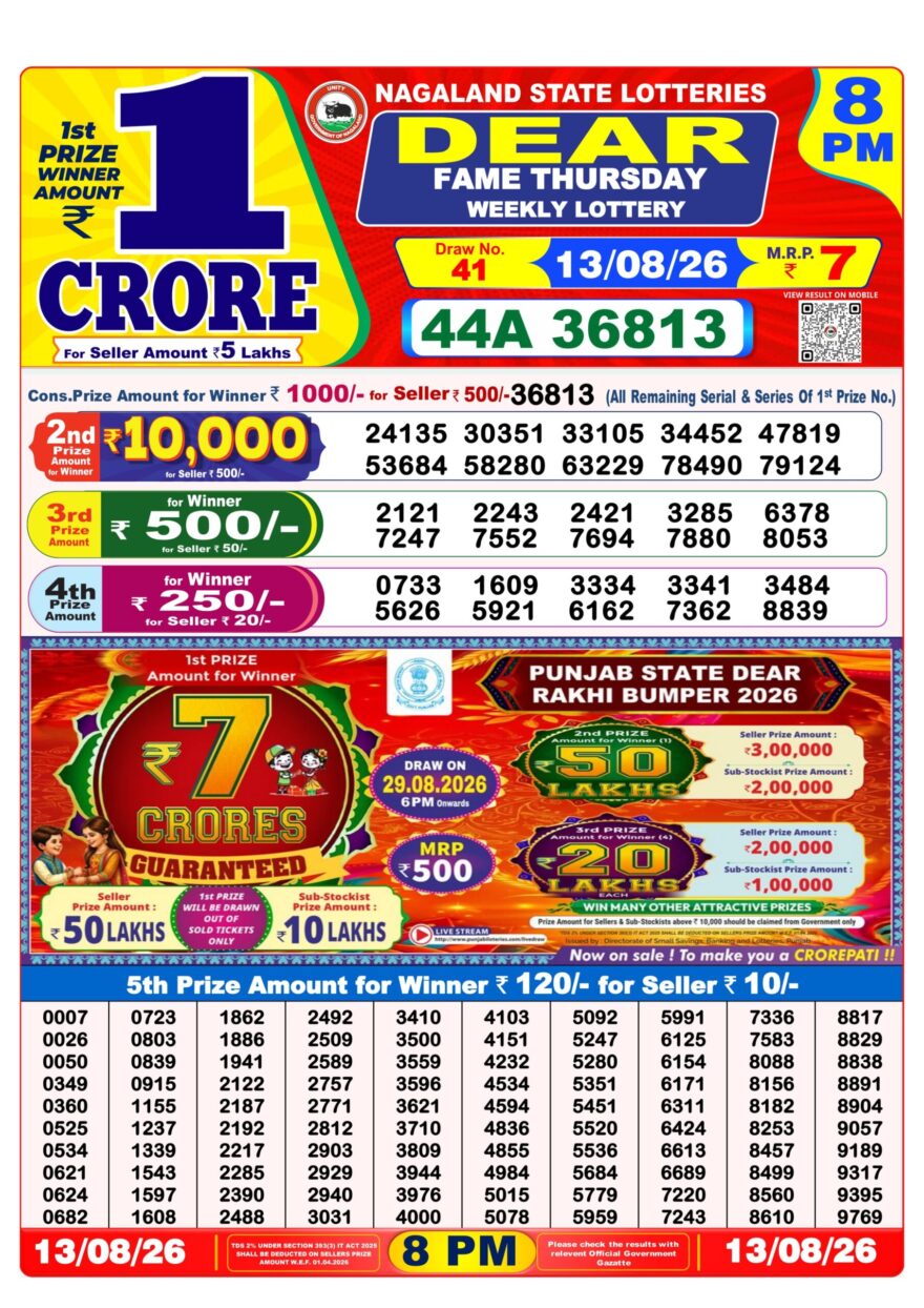 Dear Lottery Result 8PM 13 08 26