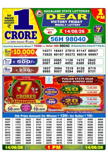 Dear Lottery Result Today 1PM 14 08 26