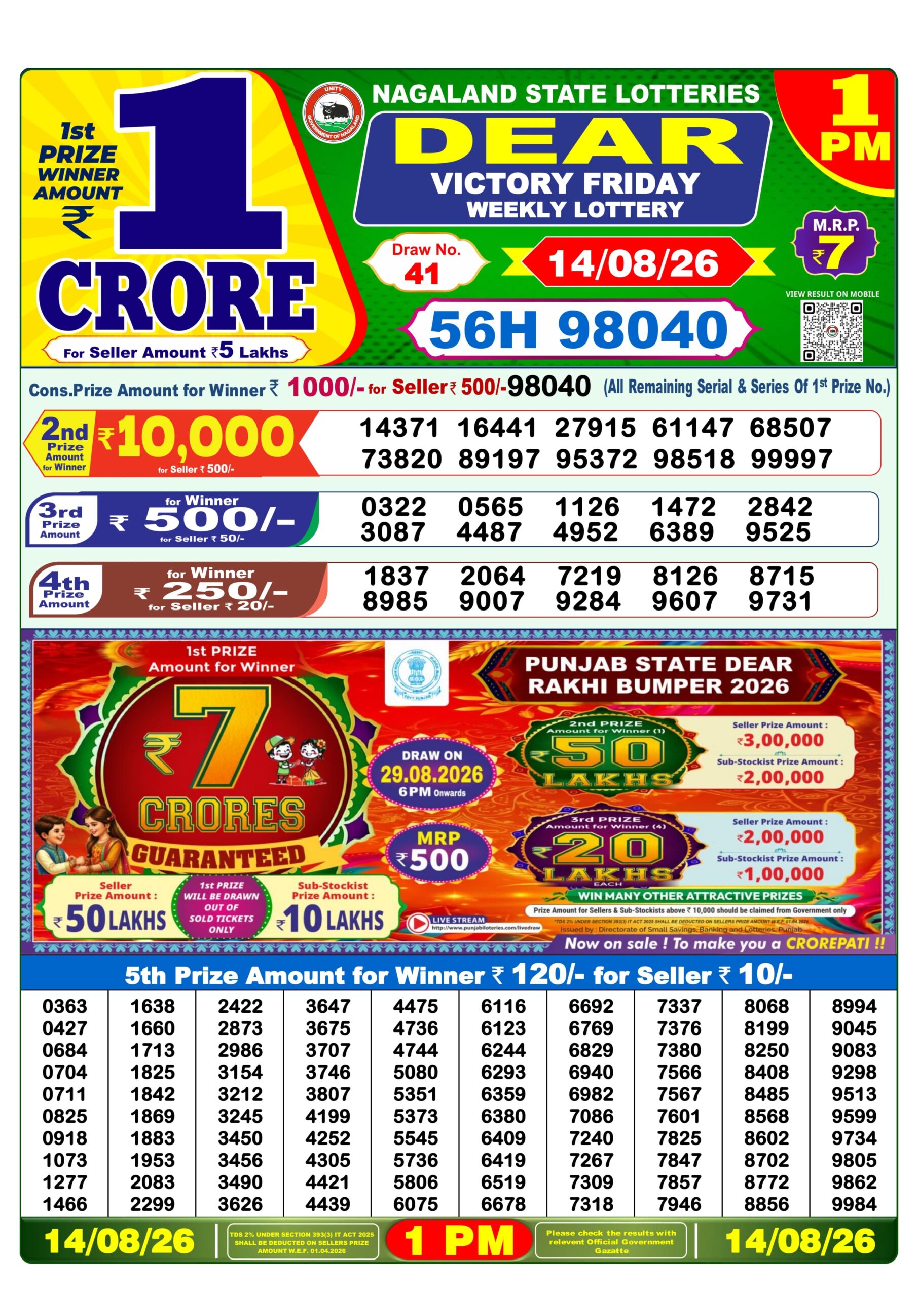 Dear Lottery Result Today 1PM 14 08 26