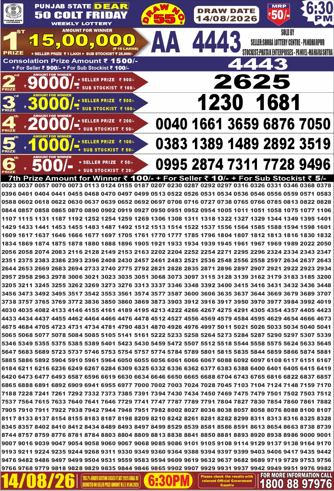 Punjab State Dear 50 Lottery 6:30PM Result 14 08 26