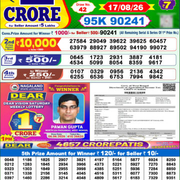 Dear Lottery Result Today 1PM 17 08 26