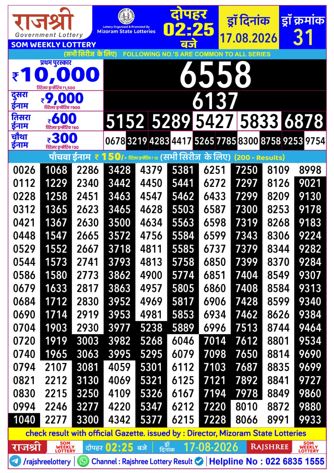 Rajshree Daily 2.25PM Result 17 08 26