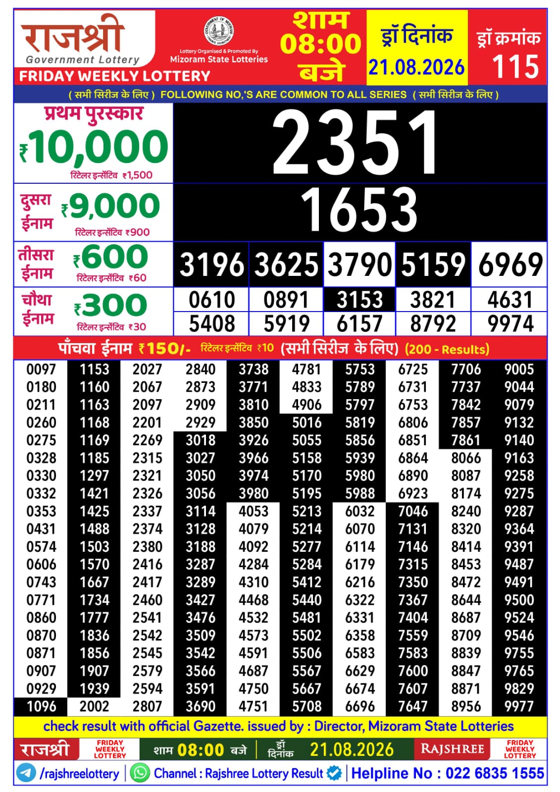Rajshree Daily 8PM Result 21 08 26