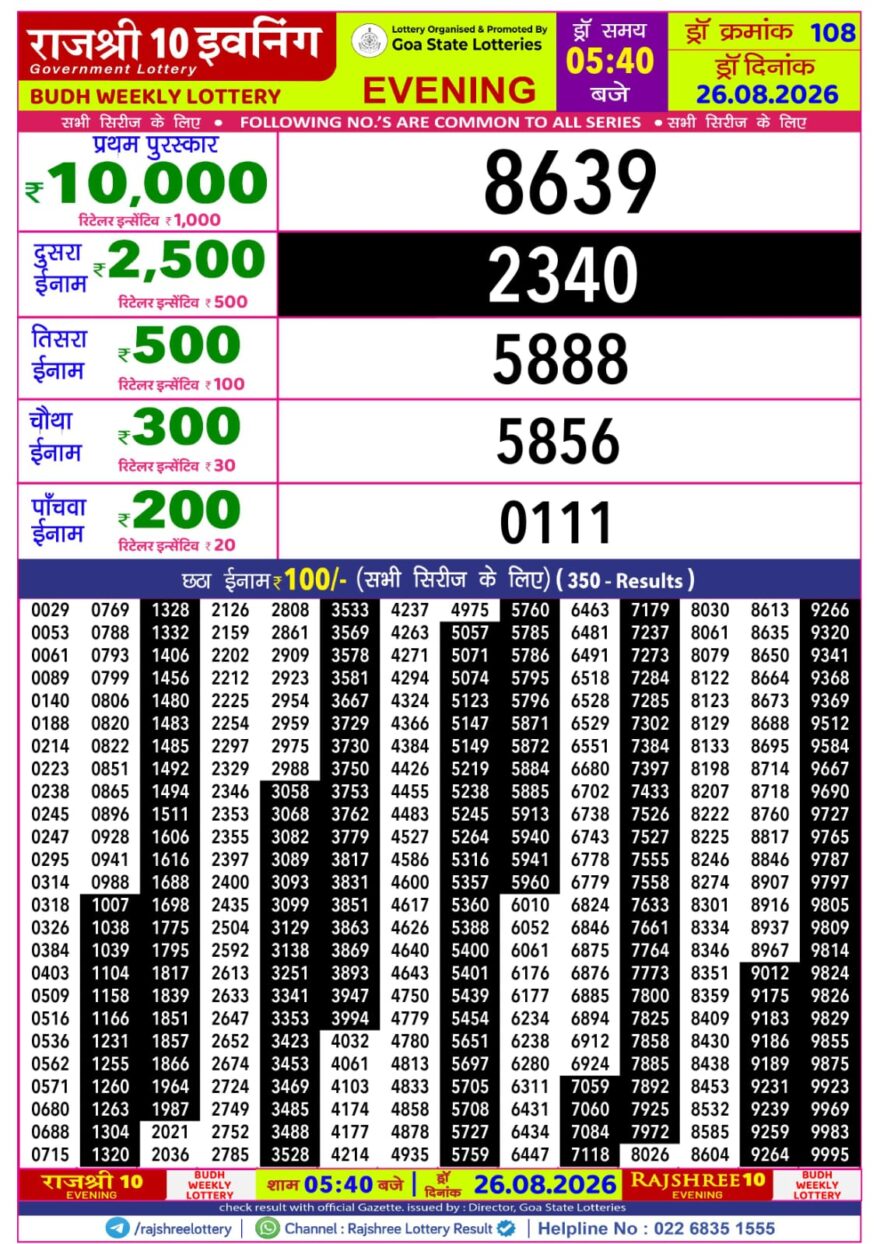 Rajshree 10 Evening 5:40PM Result 26 08 26