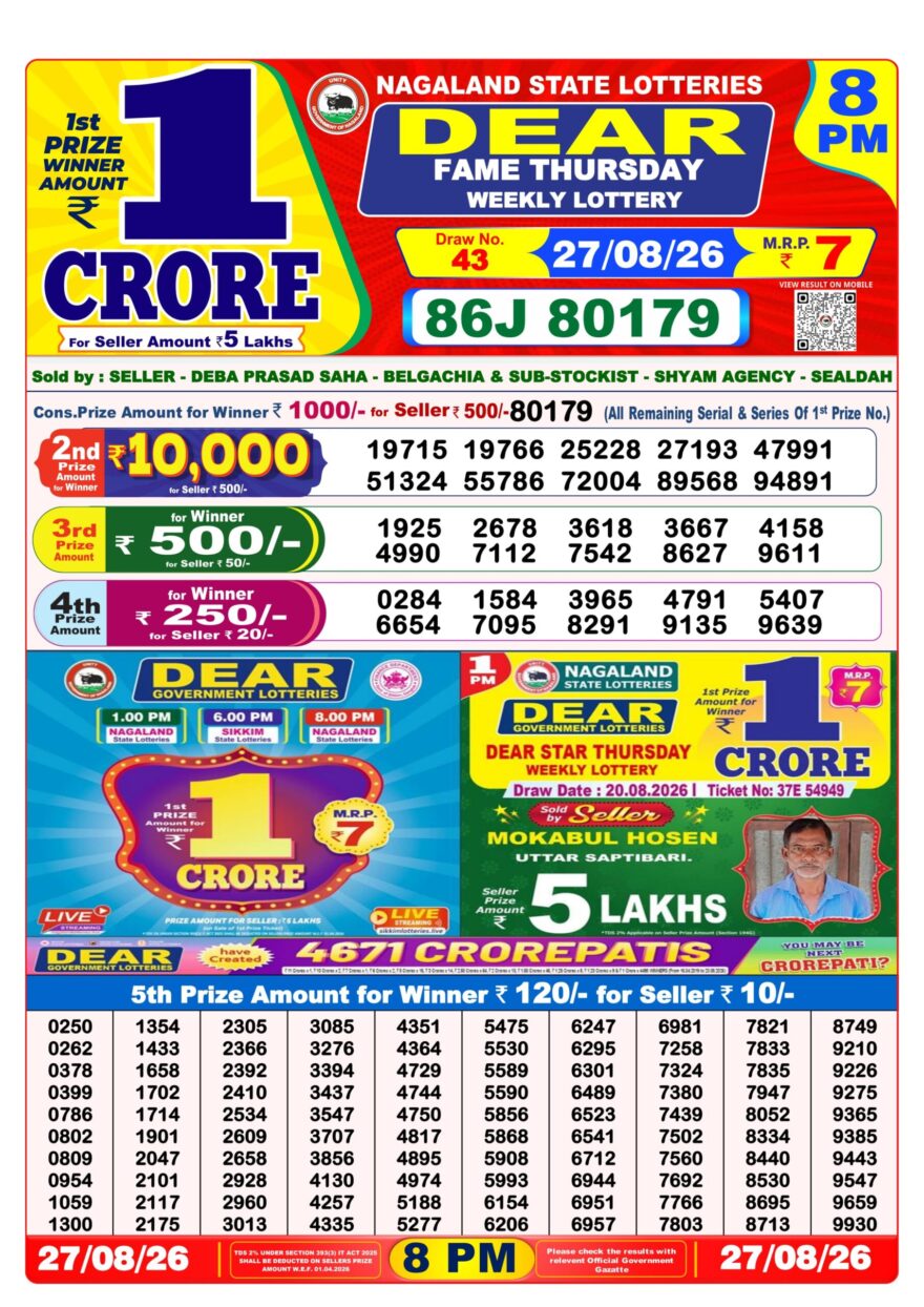 Dear Lottery Result 8PM 27 08 26
