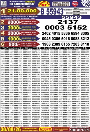Punjab State Dear 50 Lottery 6:30PM Result 30 08 26