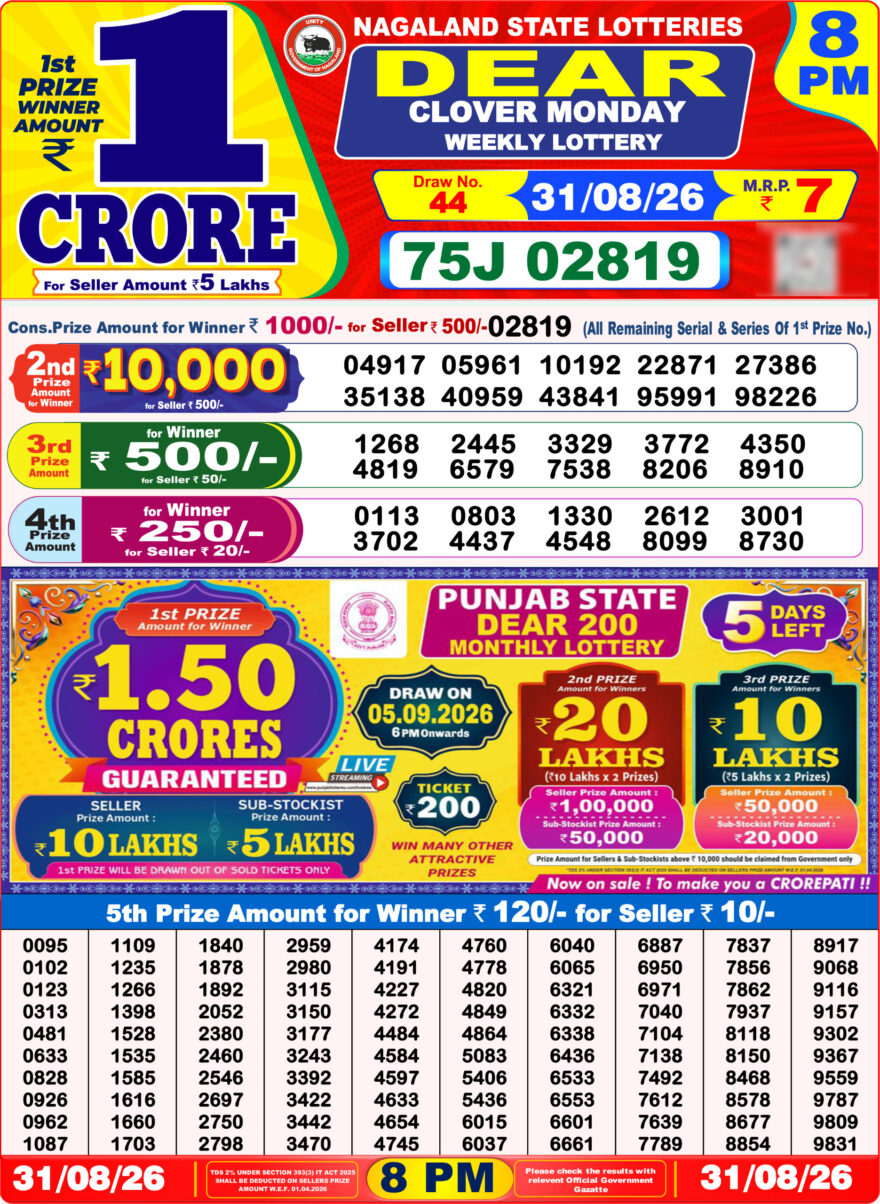 Dear Lottery Result 8PM 31 08 26