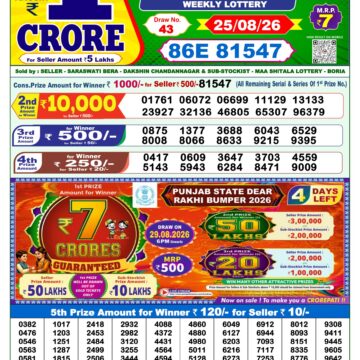 Dear Lottery Result Today 1PM 25 08 26