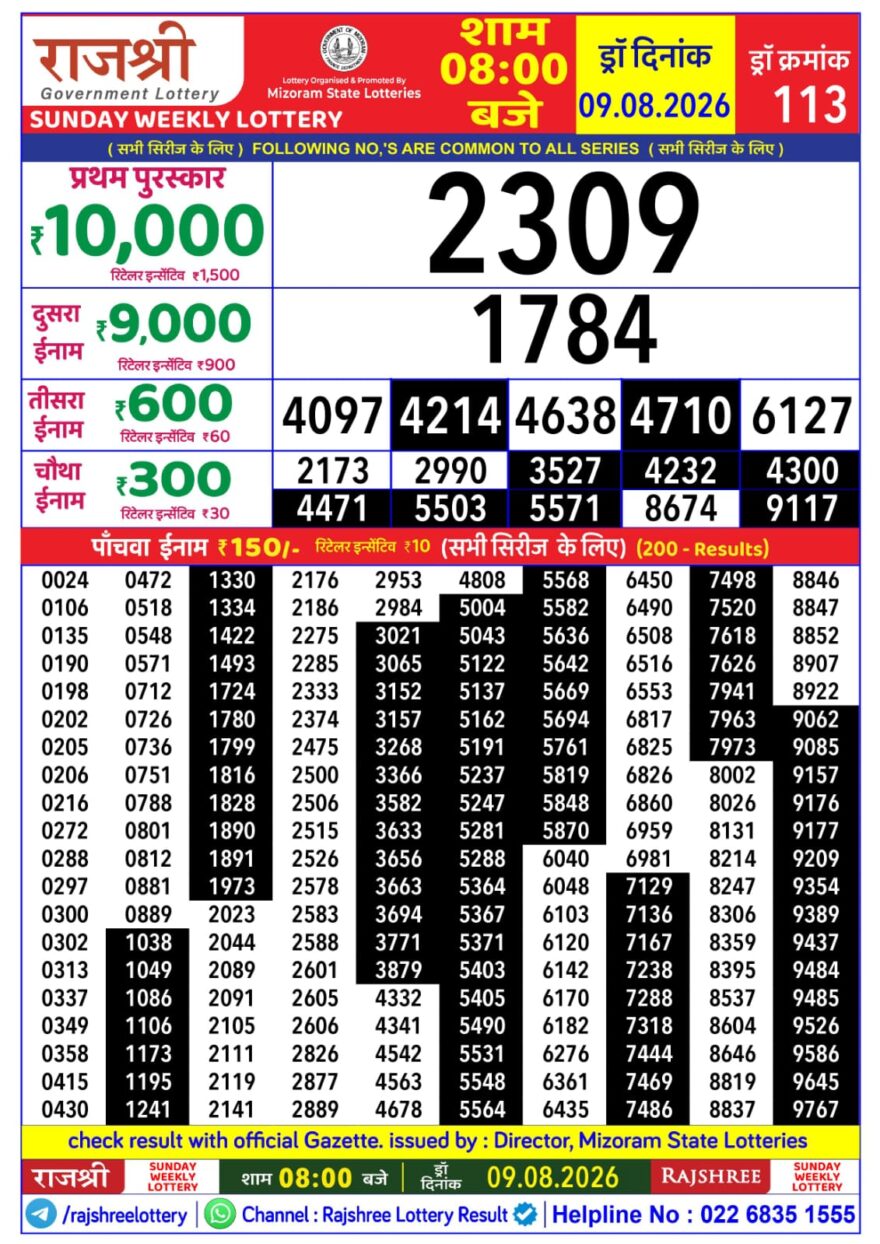 Rajshree Daily 8PM Result 09 08 26