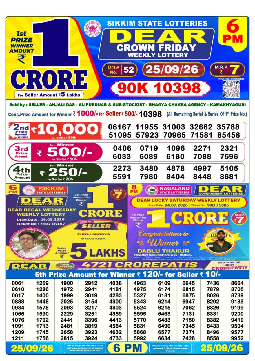 Dear Lottery Today Result 6PM 25 09 26