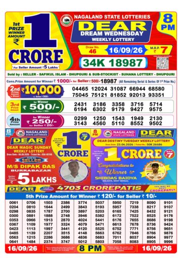 Dear Lottery Result 8PM 16 09 26