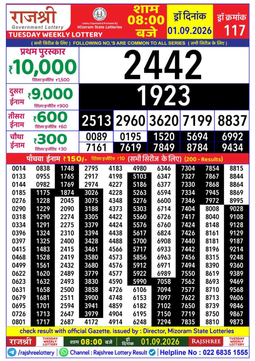 Rajshree Daily 8PM Result 01 09 26