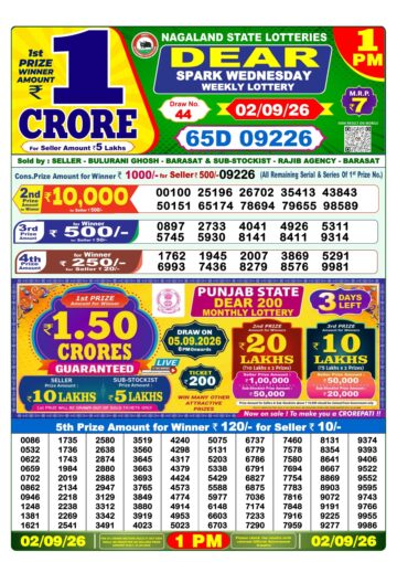 Dear Lottery Result Today 1PM 02 09 26