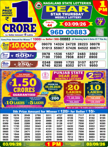 Dear Lottery Result Today 1PM 03 09 26