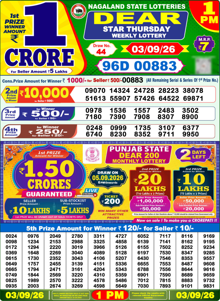 Dear Lottery Result Today 1PM 03 09 26
